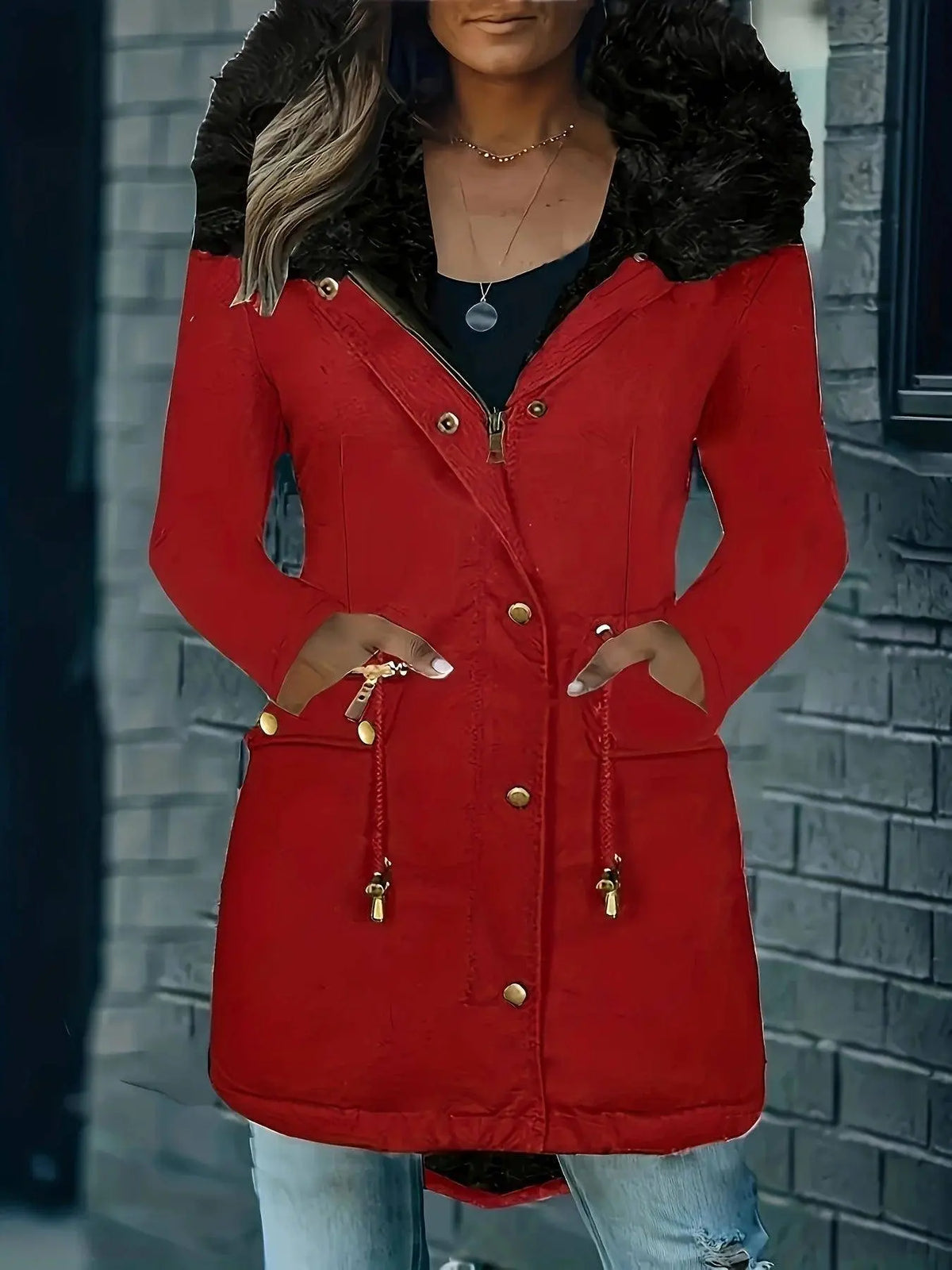 [Targeted Model]Artificial Fur Hooded Drawstring Pea Coat, Zipper and Button Front Pocket Warm Coat, Women's Clothing SS69