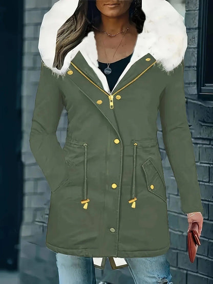 [Targeted Model]Artificial Fur Hooded Drawstring Pea Coat, Zipper and Button Front Pocket Warm Coat, Women's Clothing SS69