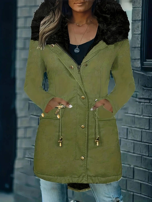 [Targeted Model]Artificial Fur Hooded Drawstring Pea Coat, Zipper and Button Front Pocket Warm Coat, Women's Clothing SS69