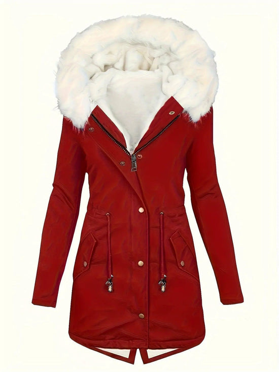 [Targeted Model]Artificial Fur Hooded Drawstring Pea Coat, Zipper and Button Front Pocket Warm Coat, Women's Clothing SS69