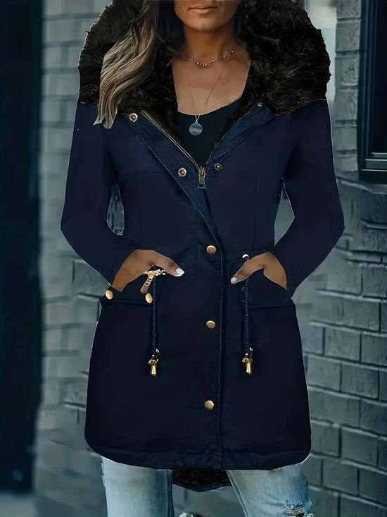 [Targeted Model]Artificial Fur Hooded Drawstring Pea Coat, Zipper and Button Front Pocket Warm Coat, Women's Clothing SS69