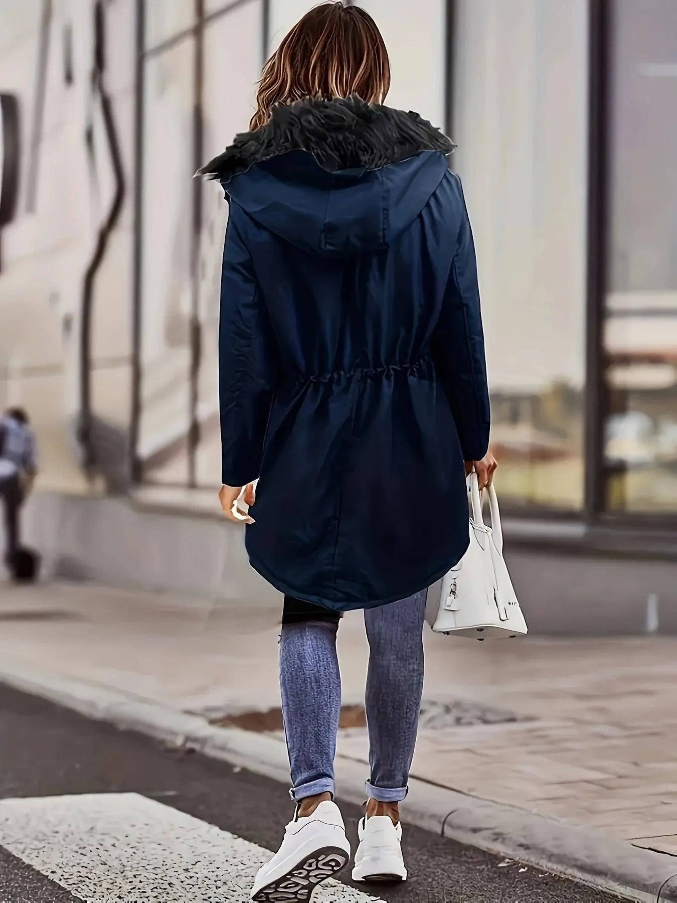 [Targeted Model]Artificial Fur Hooded Drawstring Pea Coat, Zipper and Button Front Pocket Warm Coat, Women's Clothing SS69