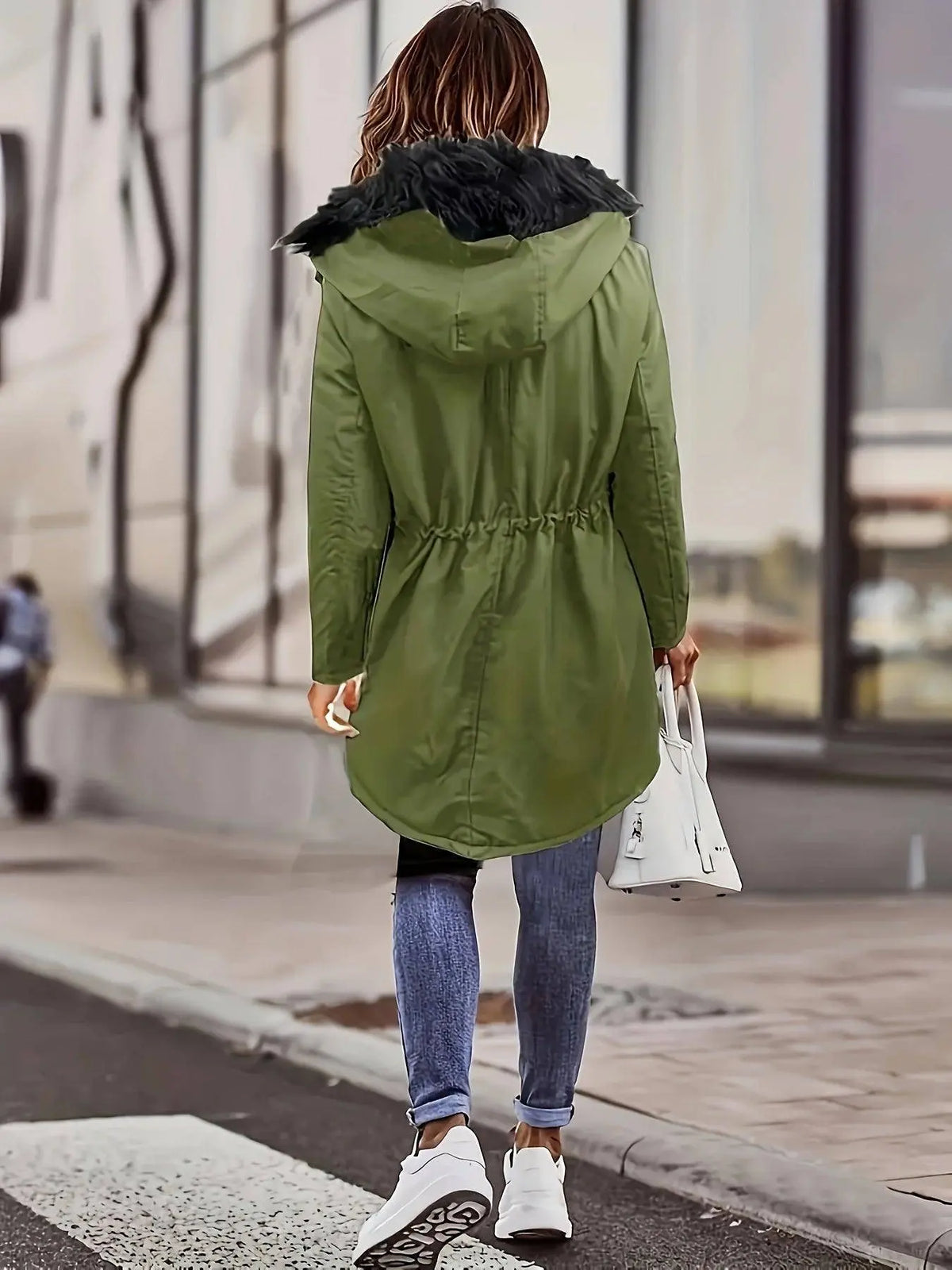 [Targeted Model]Artificial Fur Hooded Drawstring Pea Coat, Zipper and Button Front Pocket Warm Coat, Women's Clothing SS69