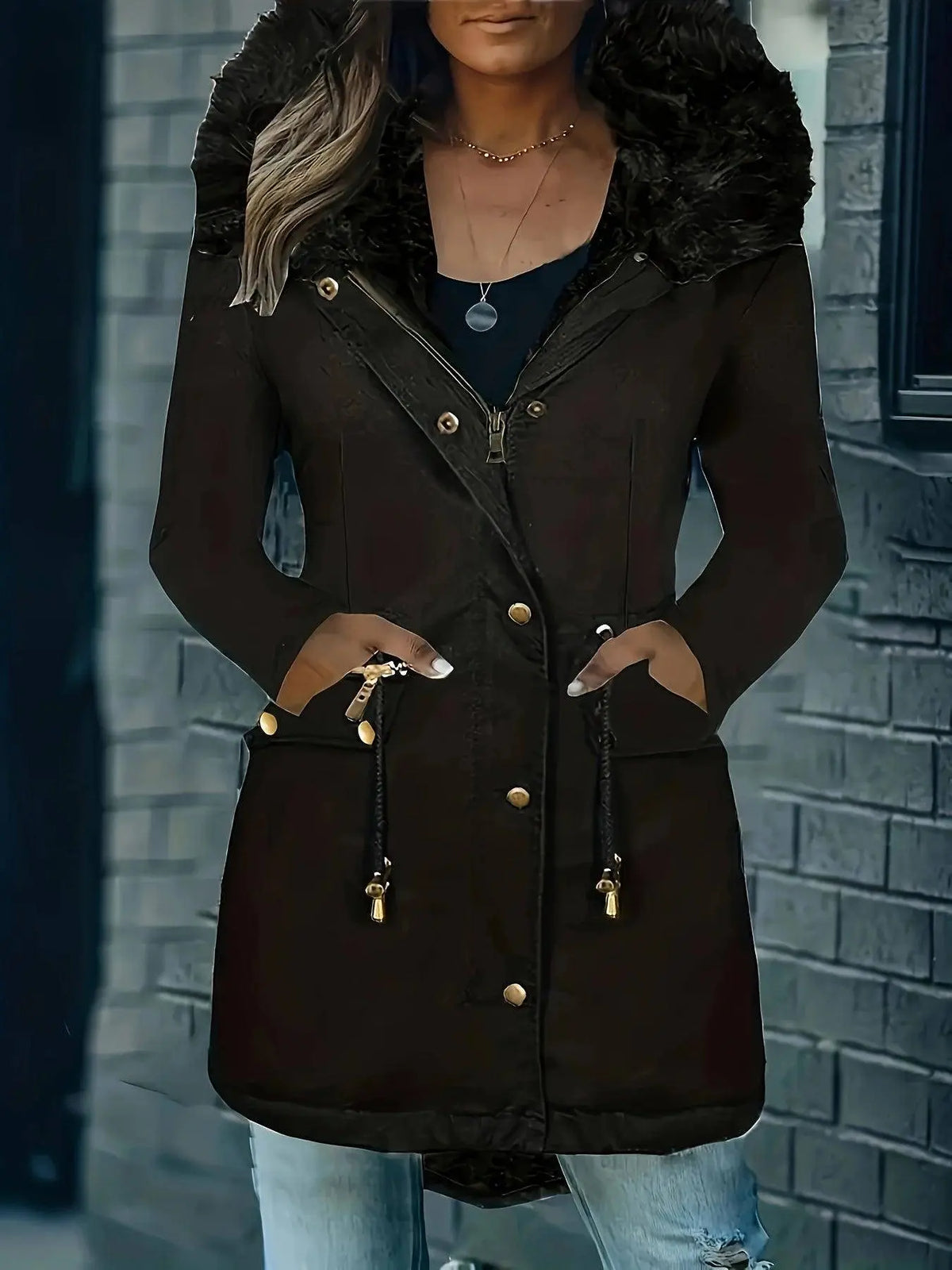 [Targeted Model]Artificial Fur Hooded Drawstring Pea Coat, Zipper and Button Front Pocket Warm Coat, Women's Clothing SS69