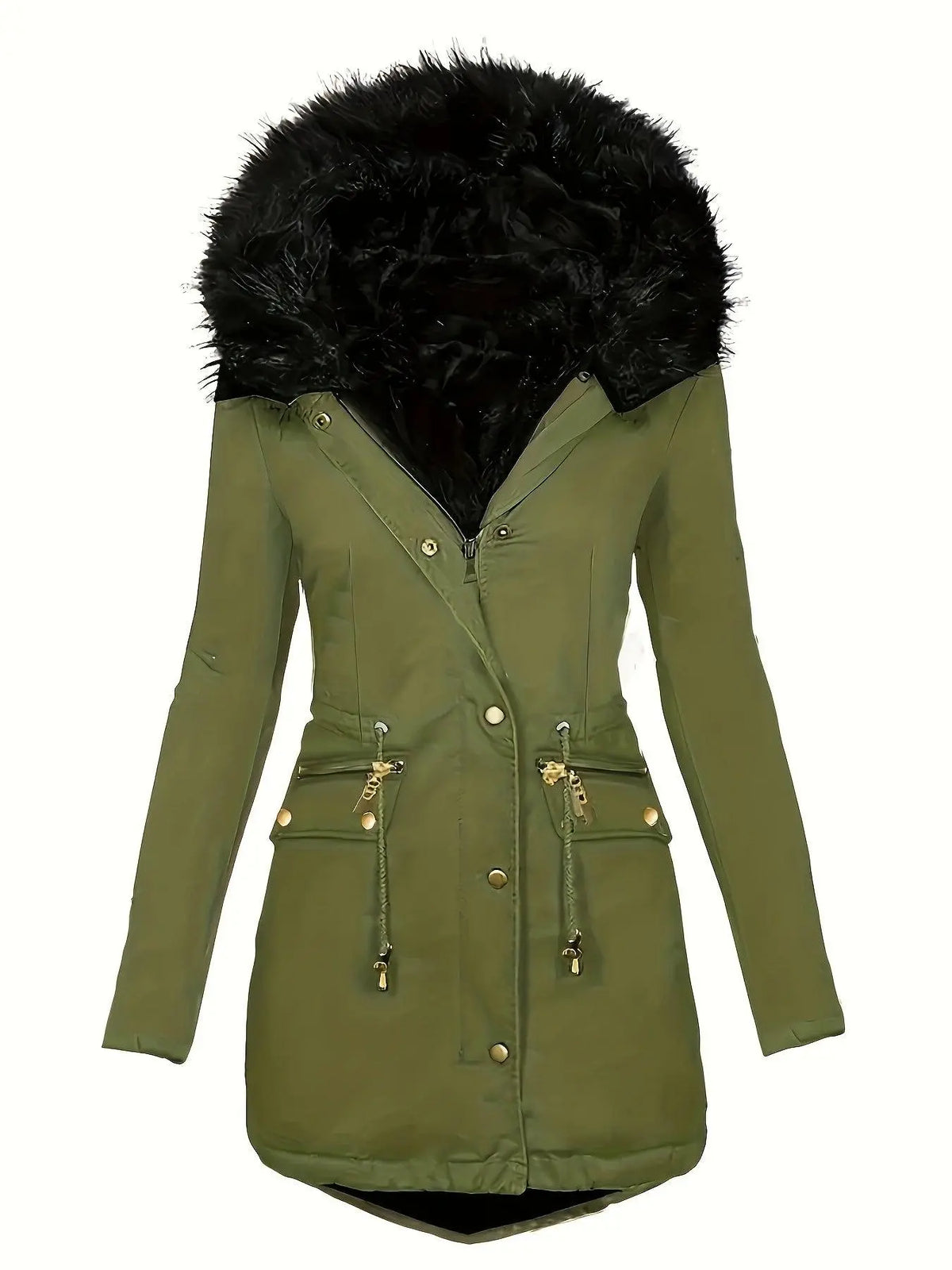 [Targeted Model]Artificial Fur Hooded Drawstring Pea Coat, Zipper and Button Front Pocket Warm Coat, Women's Clothing SS69