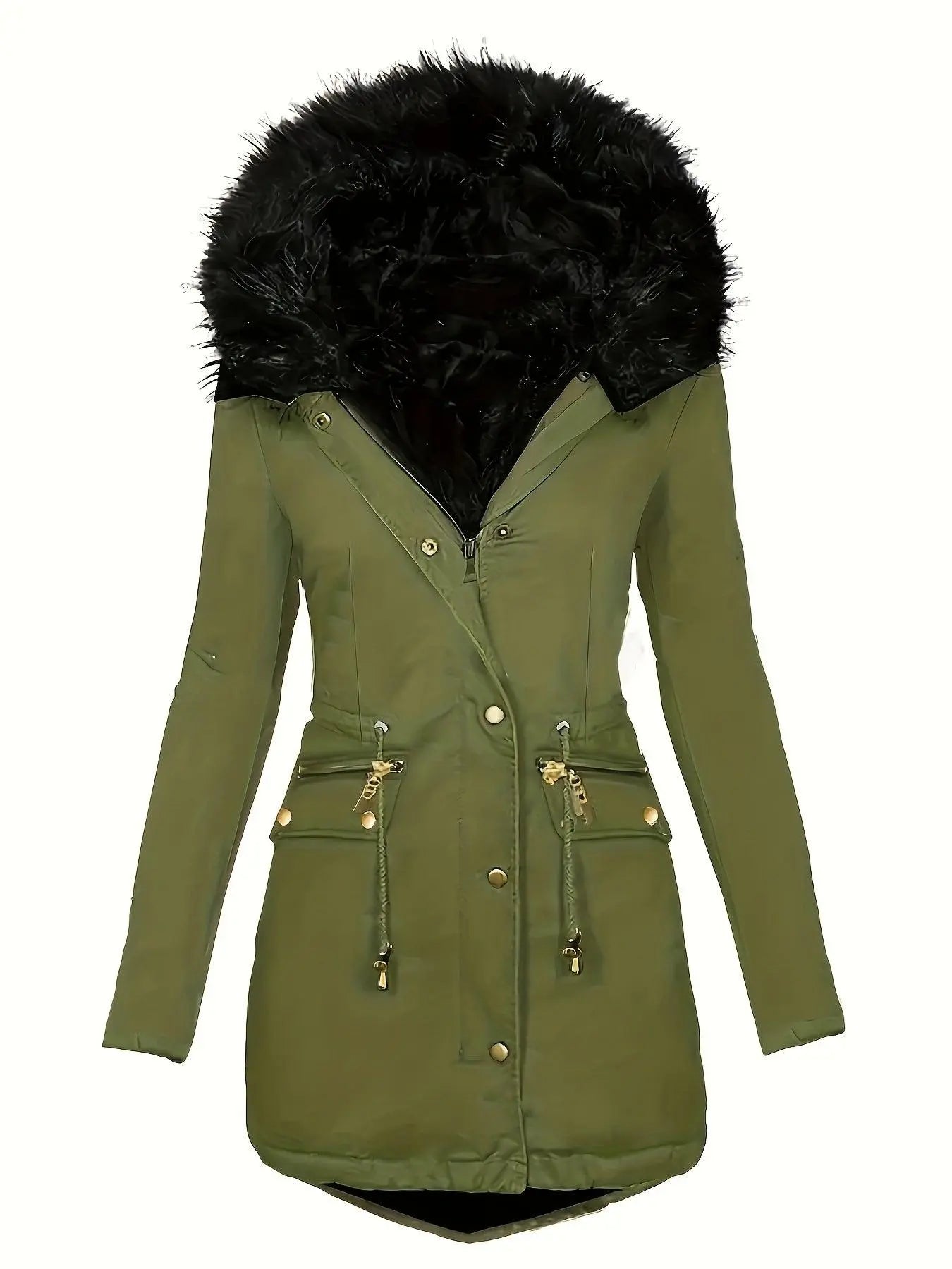 [Targeted Model]Artificial Fur Hooded Drawstring Pea Coat, Zipper and Button Front Pocket Warm Coat, Women's Clothing SS69