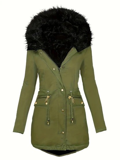[Targeted Model]Artificial Fur Hooded Drawstring Pea Coat, Zipper and Button Front Pocket Warm Coat, Women's Clothing SS69