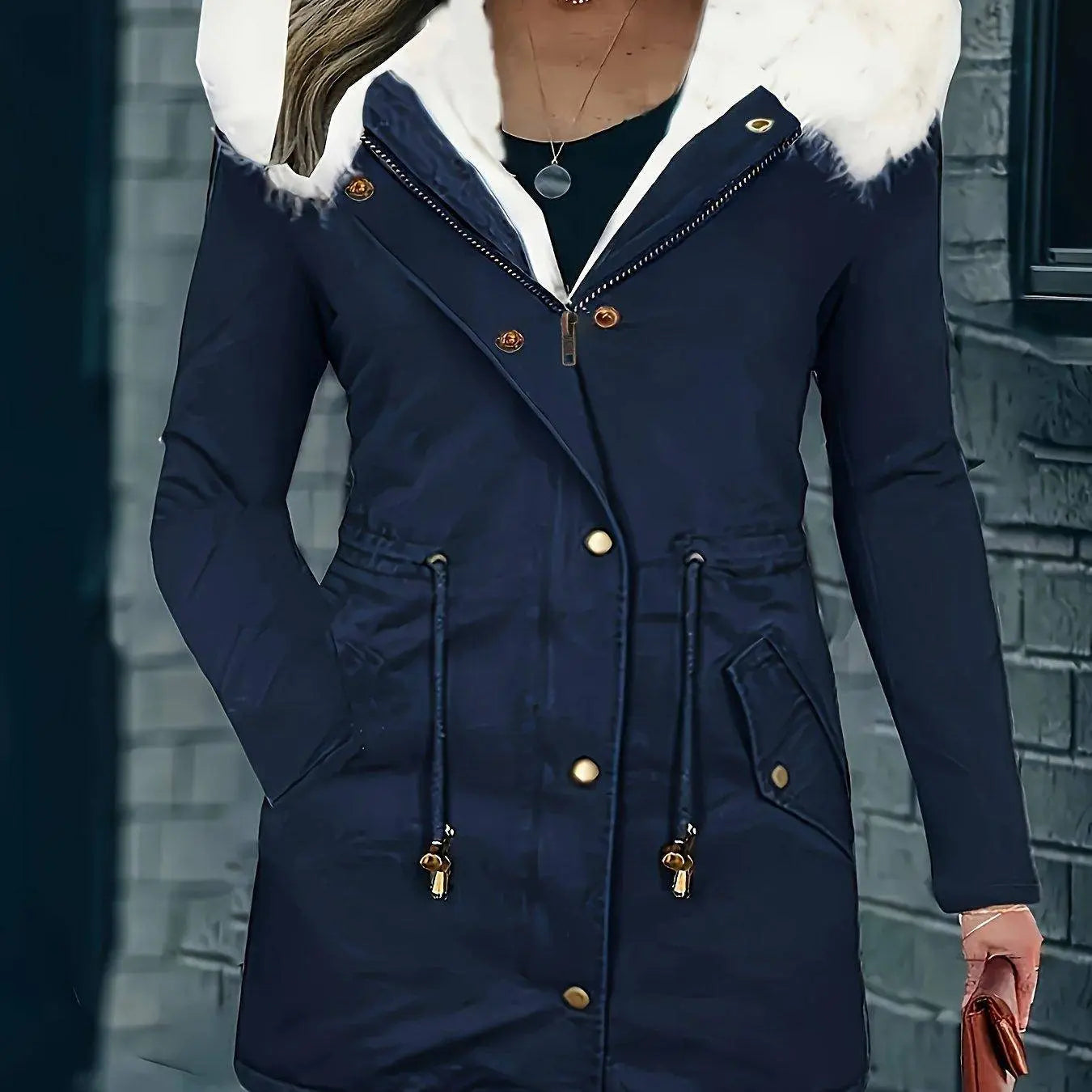 [Targeted Model]Artificial Fur Hooded Drawstring Pea Coat, Zipper and Button Front Pocket Warm Coat, Women's Clothing SS69 53.69 807 Blue / XXL(50)