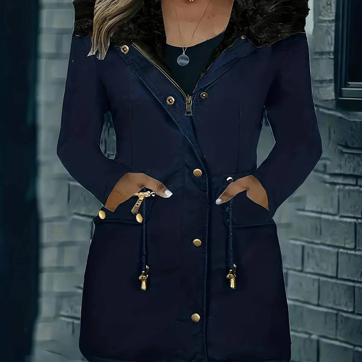 [Targeted Model]Artificial Fur Hooded Drawstring Pea Coat, Zipper and Button Front Pocket Warm Coat, Women's Clothing SS69 50.69 Navy Blue / XXL(50)