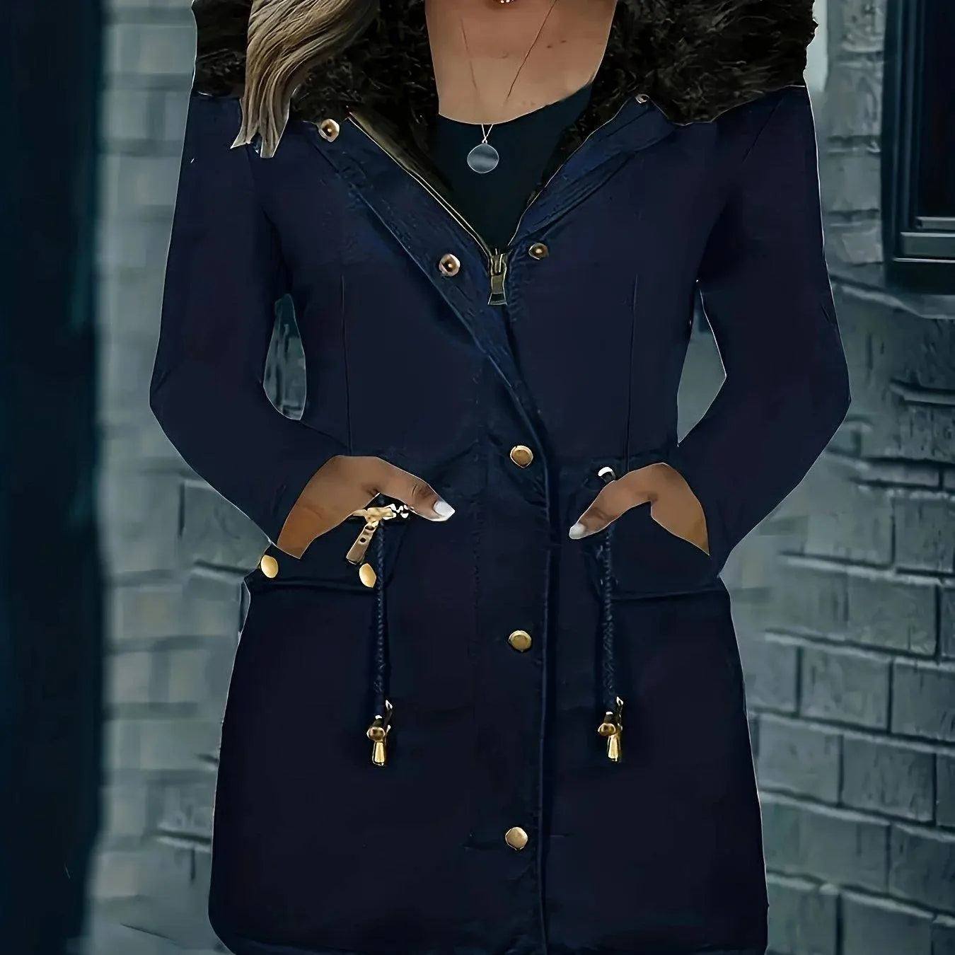 [Targeted Model]Artificial Fur Hooded Drawstring Pea Coat, Zipper and Button Front Pocket Warm Coat, Women's Clothing SS69 50.69 Navy Blue / XXL(50)