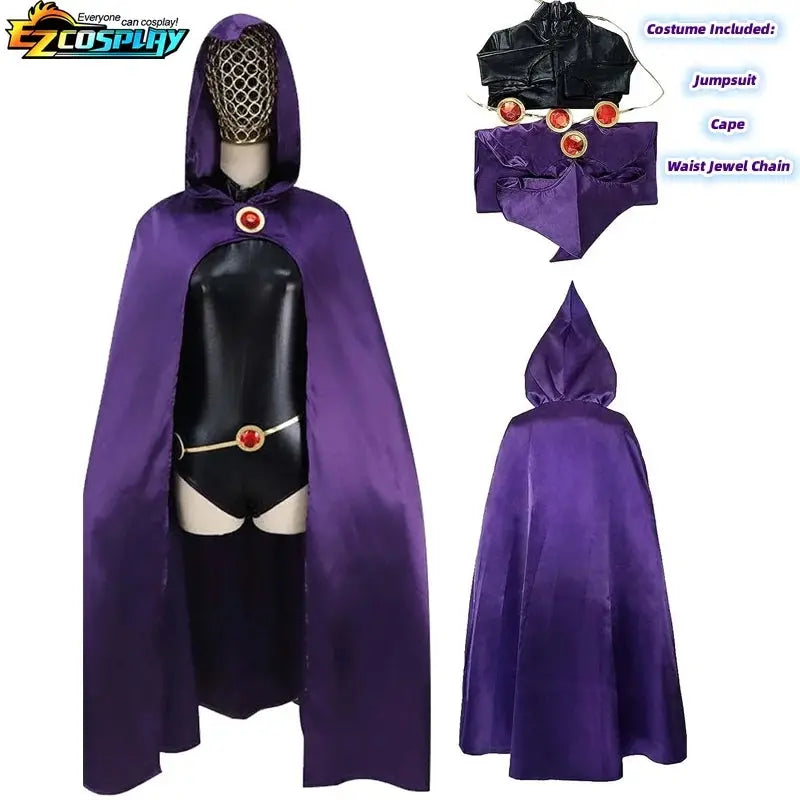Teen Titans Raven Cosplay Costume Deluxe Jumpsuit Cloak Belt Suit Halloween Uniform for Women XS-3XL - SS69