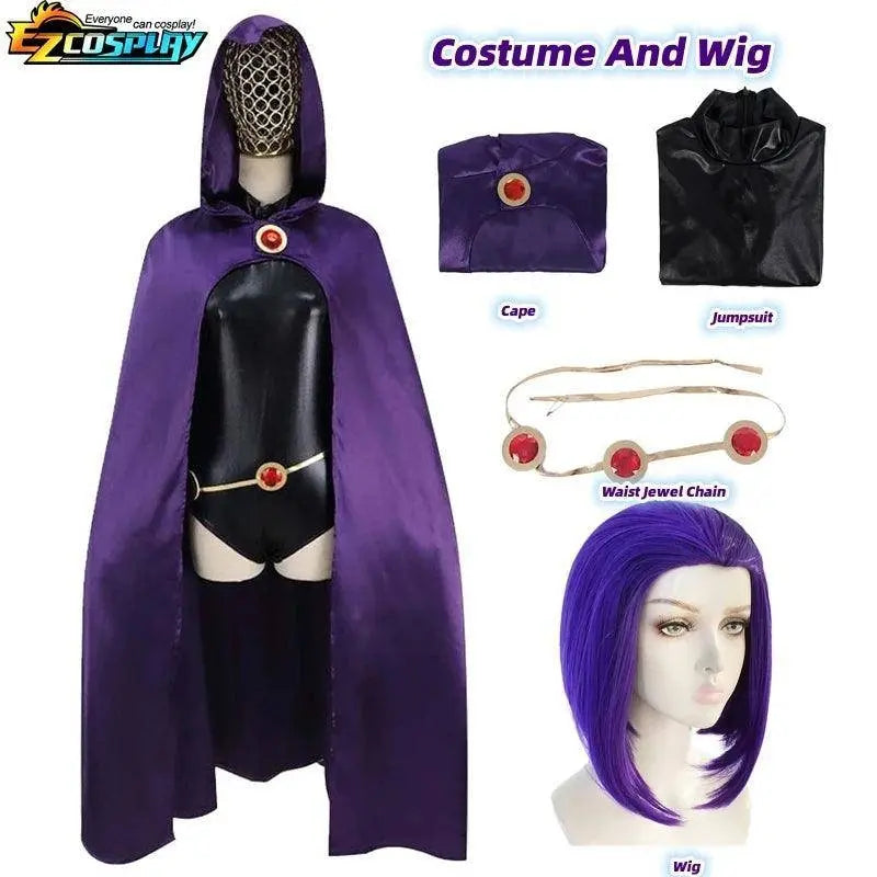 Teen Titans Raven Cosplay Costume Deluxe Jumpsuit Cloak Belt Suit Halloween Uniform for Women XS-3XL - SS69