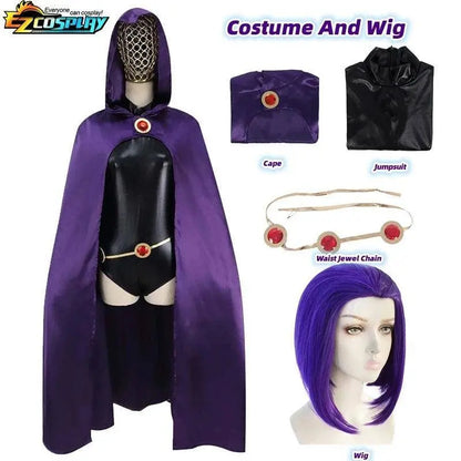 Teen Titans Raven Cosplay Costume Deluxe Jumpsuit Cloak Belt Suit Halloween Uniform for Women XS-3XL - SS69
