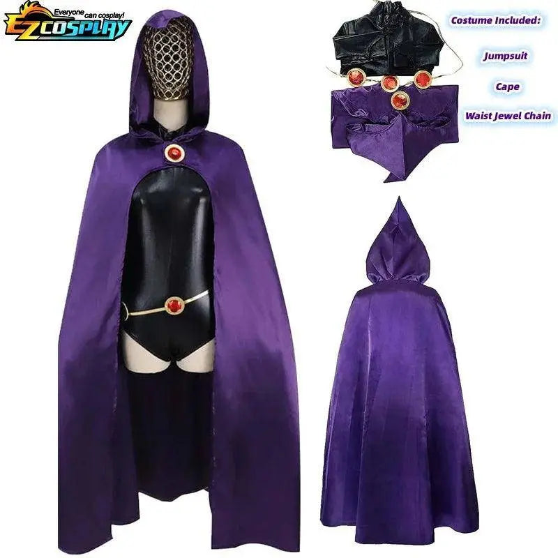 Teen Titans Raven Cosplay Costume Deluxe Jumpsuit Cloak Belt Suit Halloween Uniform for Women XS-3XL - SS69
