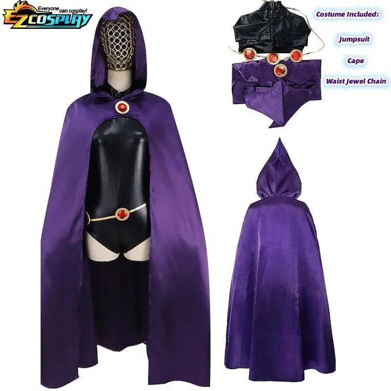 Teen Titans Raven Cosplay Costume Deluxe Jumpsuit Cloak Belt Suit Halloween Uniform for Women XS-3XL - SS69