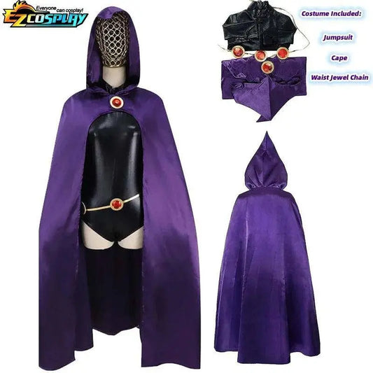 Teen Titans Raven Cosplay Costume Deluxe Jumpsuit Cloak Belt Suit Halloween Uniform for Women XS-3XL - SS69