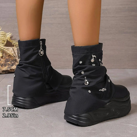 Thick-Soled Trouser Boots Women'S High-Top Shoes 2025 New Style Small Platform Soft-Soled Height-Enhancing Motorcycle Boots Short Boots SS69