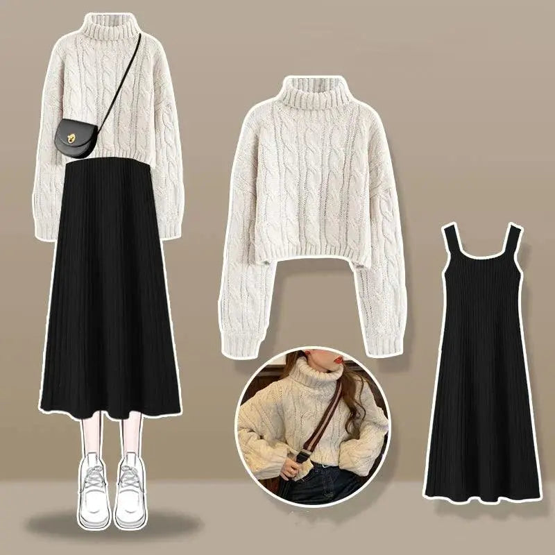 Thickened Linen Pattern Knitted Sweater Pullover Suspender Knitted Dress Two-piece Elegant Women's Dress Suit Outfits Clothings - SS69