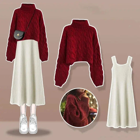 Thickened Linen Pattern Knitted Sweater Pullover Suspender Knitted Dress Two-piece Elegant Women's Dress Suit Outfits Clothings - SS69