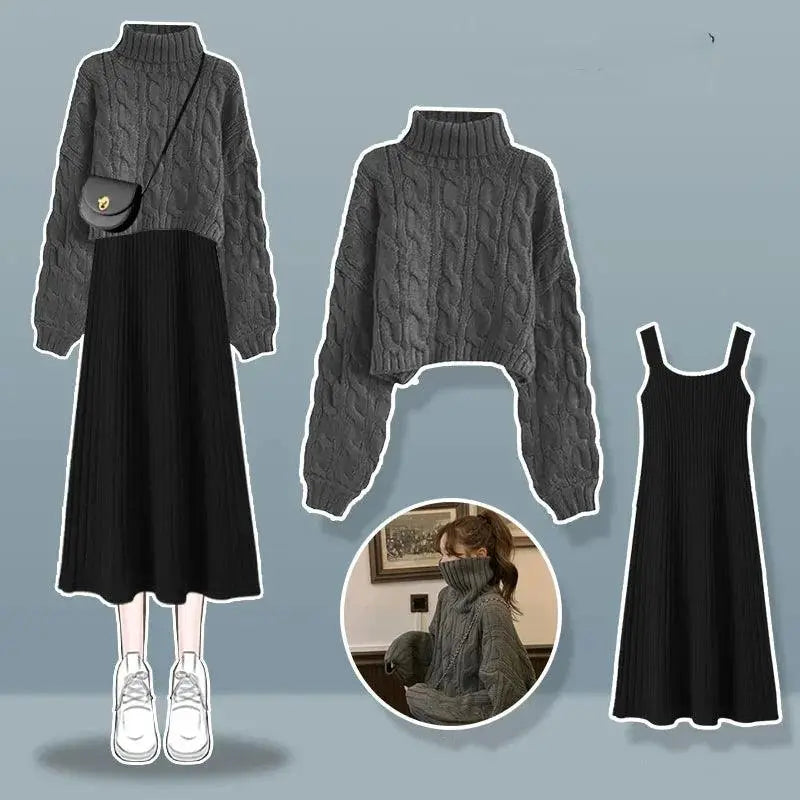 Thickened Linen Pattern Knitted Sweater Pullover Suspender Knitted Dress Two-piece Elegant Women's Dress Suit Outfits Clothings - SS69