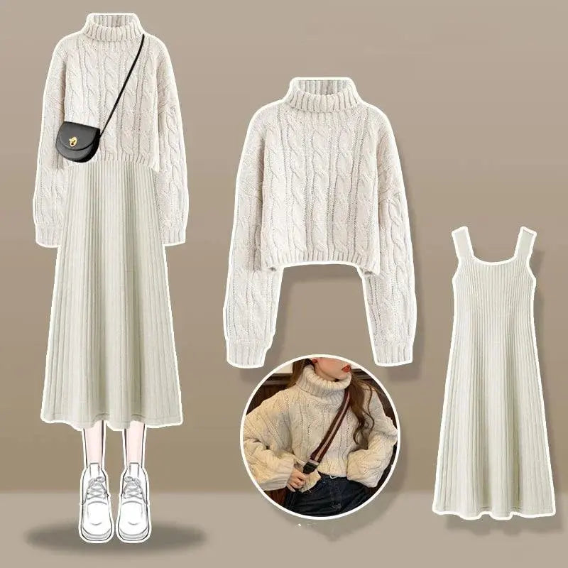 Thickened Linen Pattern Knitted Sweater Pullover Suspender Knitted Dress Two-piece Elegant Women's Dress Suit Outfits Clothings - SS69