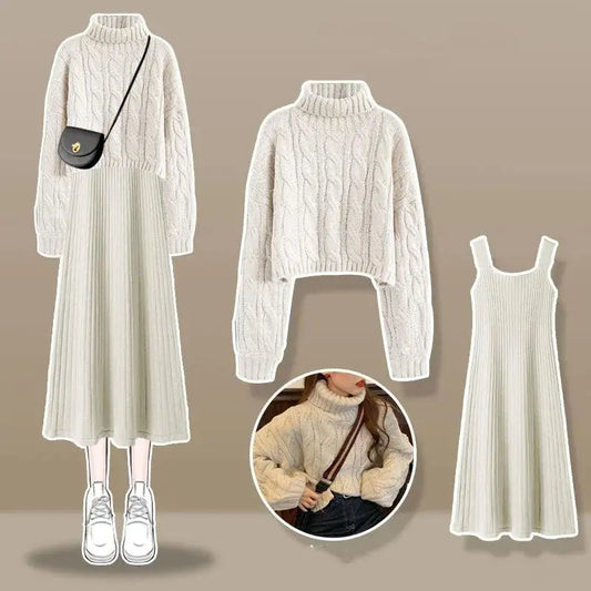 Thickened Linen Pattern Knitted Sweater Pullover Suspender Knitted Dress Two-piece Elegant Women's Dress Suit Outfits Clothings - SS69
