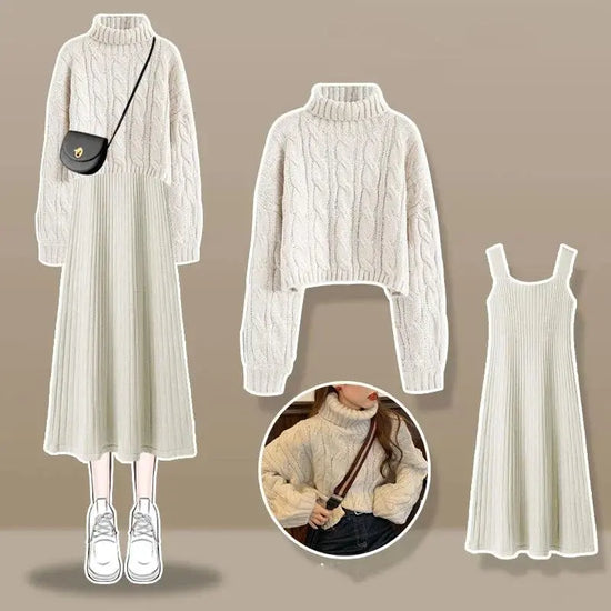 Thickened Linen Pattern Knitted Sweater Pullover Suspender Knitted Dress Two-piece Elegant Women's Dress Suit Outfits Clothings - SS69