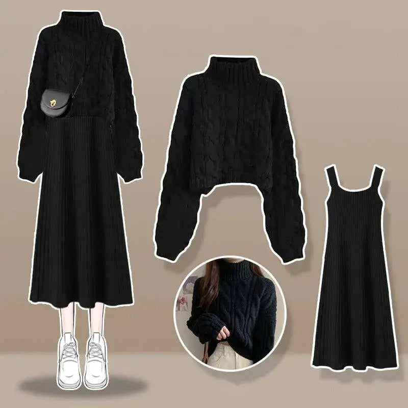 Thickened Linen Pattern Knitted Sweater Pullover Suspender Knitted Dress Two-piece Elegant Women's Dress Suit Outfits Clothings SS69