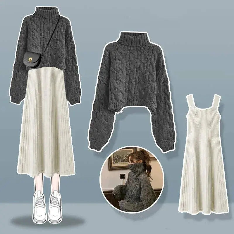 Thickened Linen Pattern Knitted Sweater Pullover Suspender Knitted Dress Two-piece Elegant Women's Dress Suit Outfits Clothings SS69