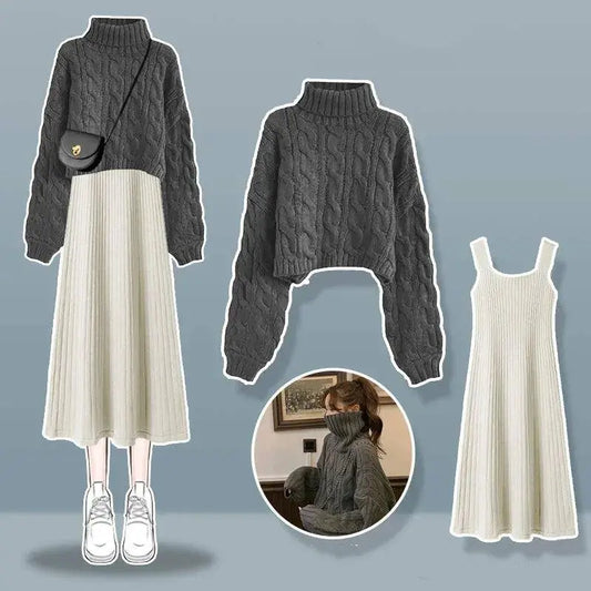 Thickened Linen Pattern Knitted Sweater Pullover Suspender Knitted Dress Two-piece Elegant Women's Dress Suit Outfits Clothings SS69