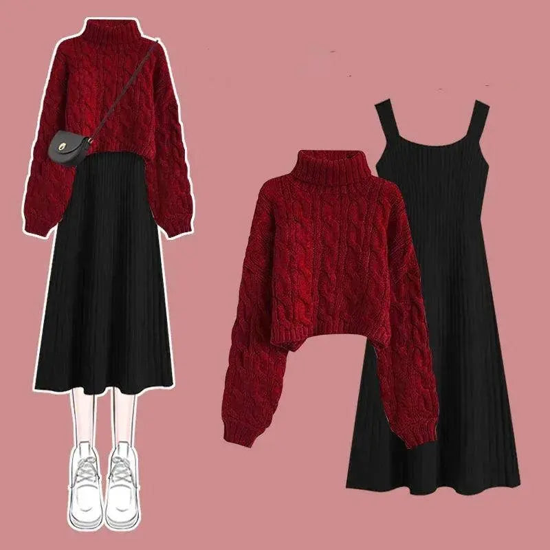 Thickened Linen Pattern Knitted Sweater Pullover Suspender Knitted Dress Two-piece Elegant Women's Dress Suit Outfits Clothings SS69