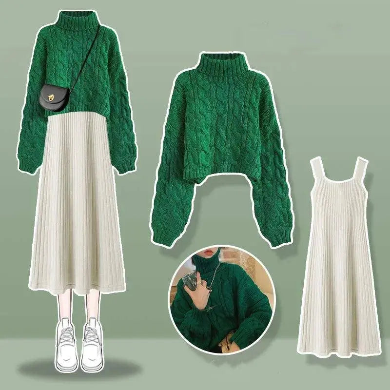 Thickened Linen Pattern Knitted Sweater Pullover Suspender Knitted Dress Two-piece Elegant Women's Dress Suit Outfits Clothings SS69