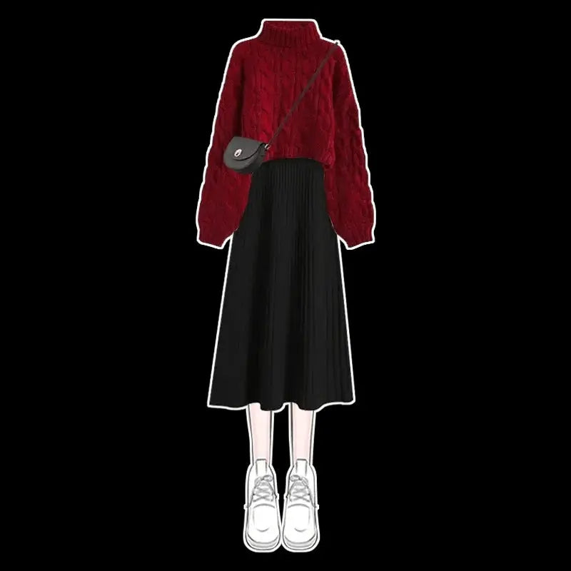 Thickened Linen Pattern Knitted Sweater Pullover Suspender Knitted Dress Two-piece Elegant Women's Dress Suit Outfits Clothings SS69