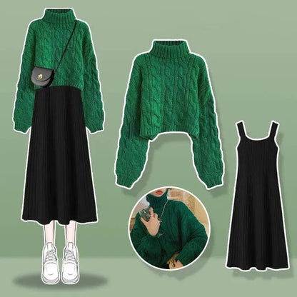 Thickened Linen Pattern Knitted Sweater Pullover Suspender Knitted Dress Two-piece Elegant Women's Dress Suit Outfits Clothings SS69 43.69 2pcs set 06 / XL