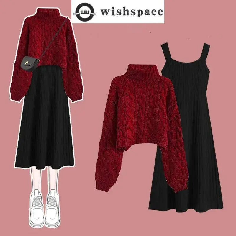 Thickened Linen Pattern Knitted Sweater Pullover Suspender Knitted Dress Two-piece Elegant Women's Dress Suit Outfits Clothings SS69