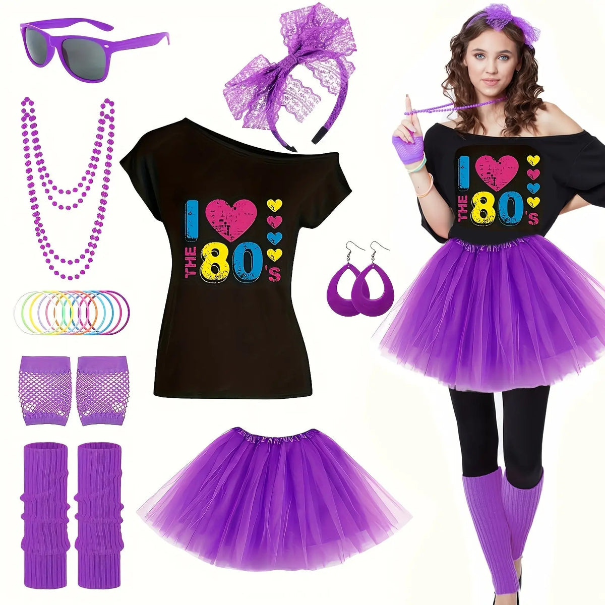 This 18pcs 80S Costume Set Features an 80S T-Shirt, a Short Skirt, Glasses, a Fishing Net, Gloves, Leg Warmers, Earrings, a Headband Necklace, And 10 Silicone Bracelets, Perfect for Women'S Party Or Carnival Attire., Carnival SS69