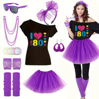 This 18pcs 80S Costume Set Features an 80S T-Shirt, a Short Skirt, Glasses, a Fishing Net, Gloves, Leg Warmers, Earrings, a Headband Necklace, And 10 Silicone Bracelets, Perfect for Women'S Party Or Carnival Attire., Carnival SS69