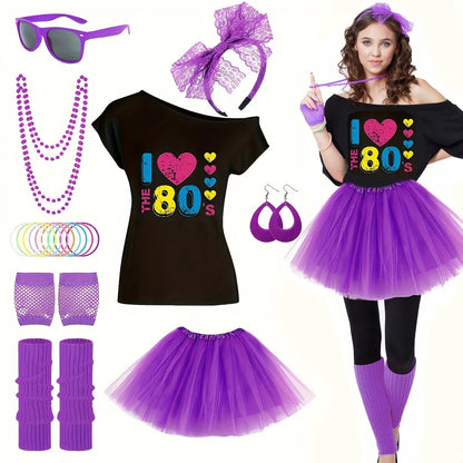 This 18pcs 80S Costume Set Features an 80S T-Shirt, a Short Skirt, Glasses, a Fishing Net, Gloves, Leg Warmers, Earrings, a Headband Necklace, And 10 Silicone Bracelets, Perfect for Women'S Party Or Carnival Attire., Carnival SS69