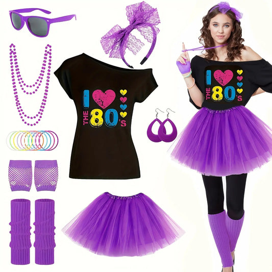 This 18pcs 80S Costume Set Features an 80S T-Shirt, a Short Skirt, Glasses, a Fishing Net, Gloves, Leg Warmers, Earrings, a Headband Necklace, And 10 Silicone Bracelets, Perfect for Women'S Party Or Carnival Attire., Carnival SS69