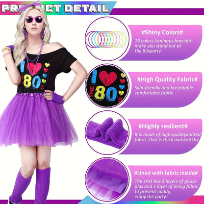 This 18pcs 80S Costume Set Features an 80S T-Shirt, a Short Skirt, Glasses, a Fishing Net, Gloves, Leg Warmers, Earrings, a Headband Necklace, And 10 Silicone Bracelets, Perfect for Women'S Party Or Carnival Attire., Carnival SS69