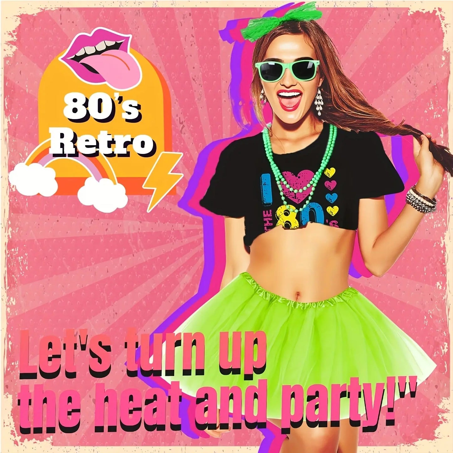 This 18pcs 80S Costume Set Features an 80S T-Shirt, a Short Skirt, Glasses, a Fishing Net, Gloves, Leg Warmers, Earrings, a Headband Necklace, And 10 Silicone Bracelets, Perfect for Women'S Party Or Carnival Attire., Carnival SS69
