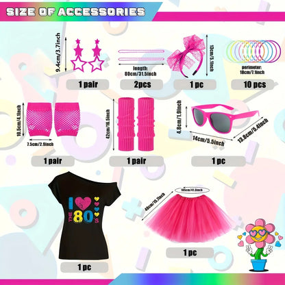 This 18pcs 80S Costume Set Features an 80S T-Shirt, a Short Skirt, Glasses, a Fishing Net, Gloves, Leg Warmers, Earrings, a Headband Necklace, And 10 Silicone Bracelets, Perfect for Women'S Party Or Carnival Attire., Carnival SS69