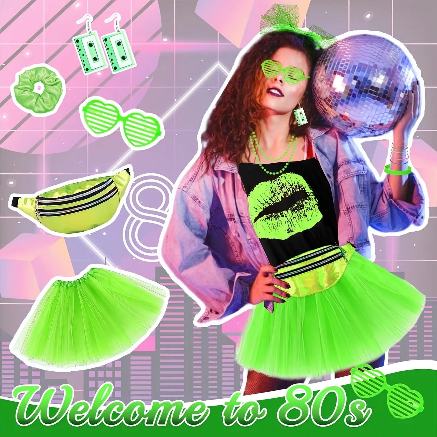 This 18pcs 80S Costume Set Features an 80S T-Shirt, a Short Skirt, Glasses, a Fishing Net, Gloves, Leg Warmers, Earrings, a Headband Necklace, And 10 Silicone Bracelets, Perfect for Women'S Party Or Carnival Attire., Carnival SS69