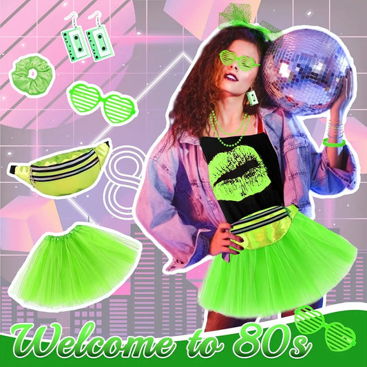 This 18pcs 80S Costume Set Features an 80S T-Shirt, a Short Skirt, Glasses, a Fishing Net, Gloves, Leg Warmers, Earrings, a Headband Necklace, And 10 Silicone Bracelets, Perfect for Women'S Party Or Carnival Attire., Carnival SS69