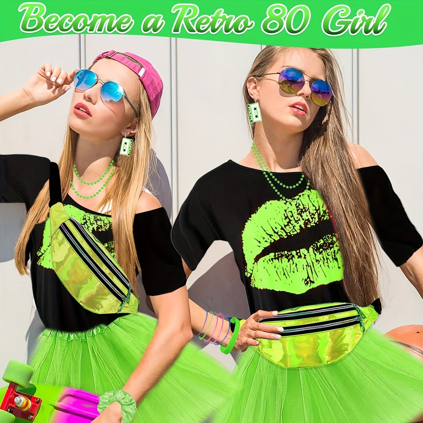 This 18pcs 80S Costume Set Features an 80S T-Shirt, a Short Skirt, Glasses, a Fishing Net, Gloves, Leg Warmers, Earrings, a Headband Necklace, And 10 Silicone Bracelets, Perfect for Women'S Party Or Carnival Attire., Carnival SS69