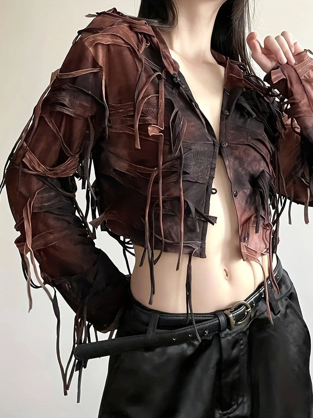 Tie Dye Distressed Fringe Hooded Jacket, Chic & Stylish Long Sleeve Button Crop Jacket, Women's Clothing SS69