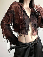 Tie Dye Distressed Fringe Hooded Jacket, Chic & Stylish Long Sleeve Button Crop Jacket, Women's Clothing SS69