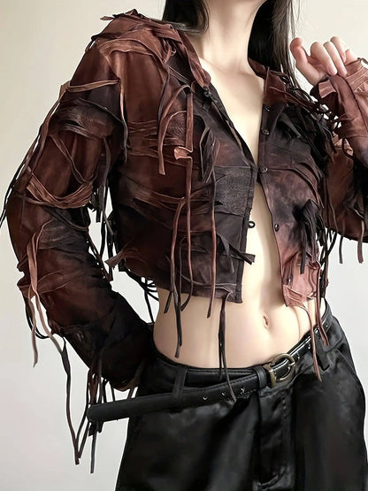 Tie Dye Distressed Fringe Hooded Jacket, Chic & Stylish Long Sleeve Button Crop Jacket, Women's Clothing SS69