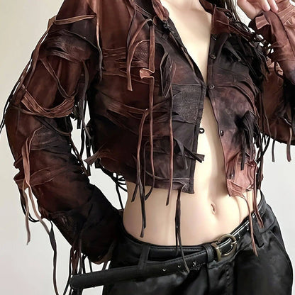 Tie Dye Distressed Fringe Hooded Jacket, Chic & Stylish Long Sleeve Button Crop Jacket, Women's Clothing SS69