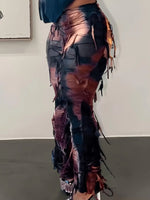 Tie Dye Print Flare Leg Pants, Y2K High Waist Skinny Tassel Mesh Pants For Fall & Winter, Women's Clothing SS69